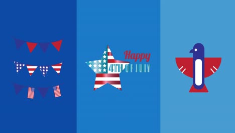 Happy-independence-day-text-over-eagle-and-bunting-decorations-icons-against-blue-background