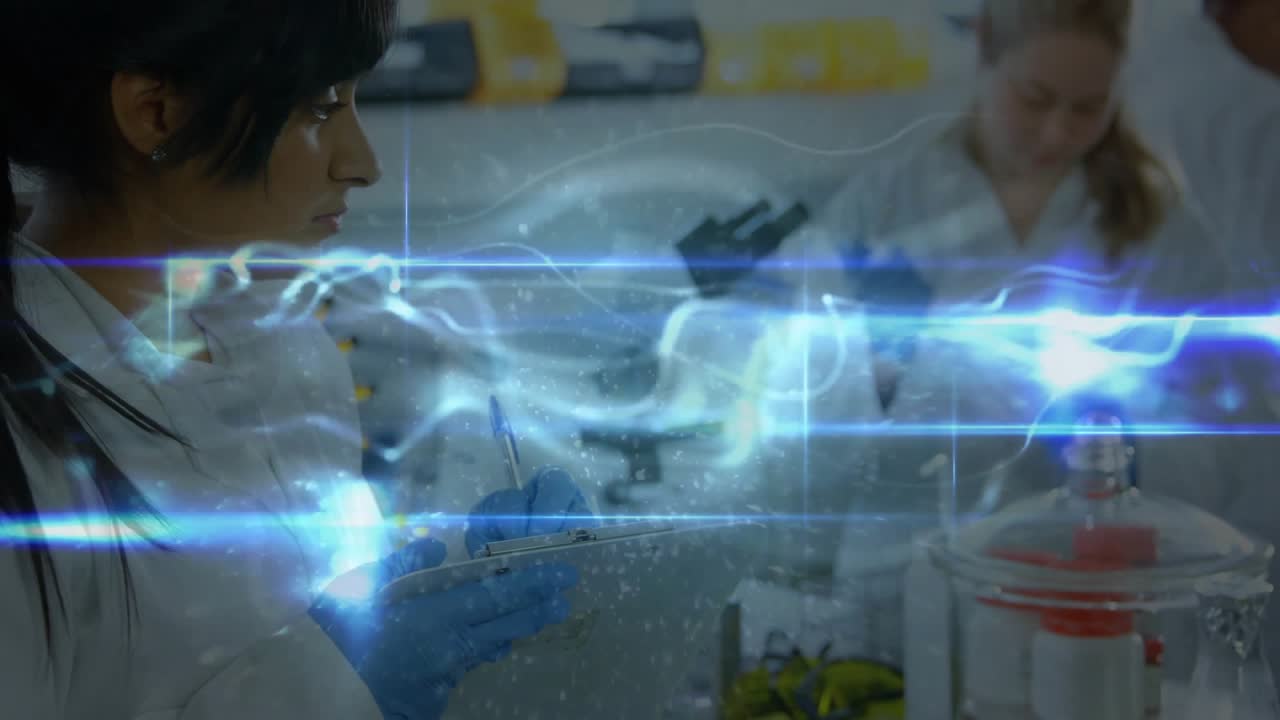 Holographic stream sweeping revealing scientist pipetting sample and logging experiment data in lab
