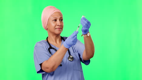 needle, green screen and woman doctor isolated