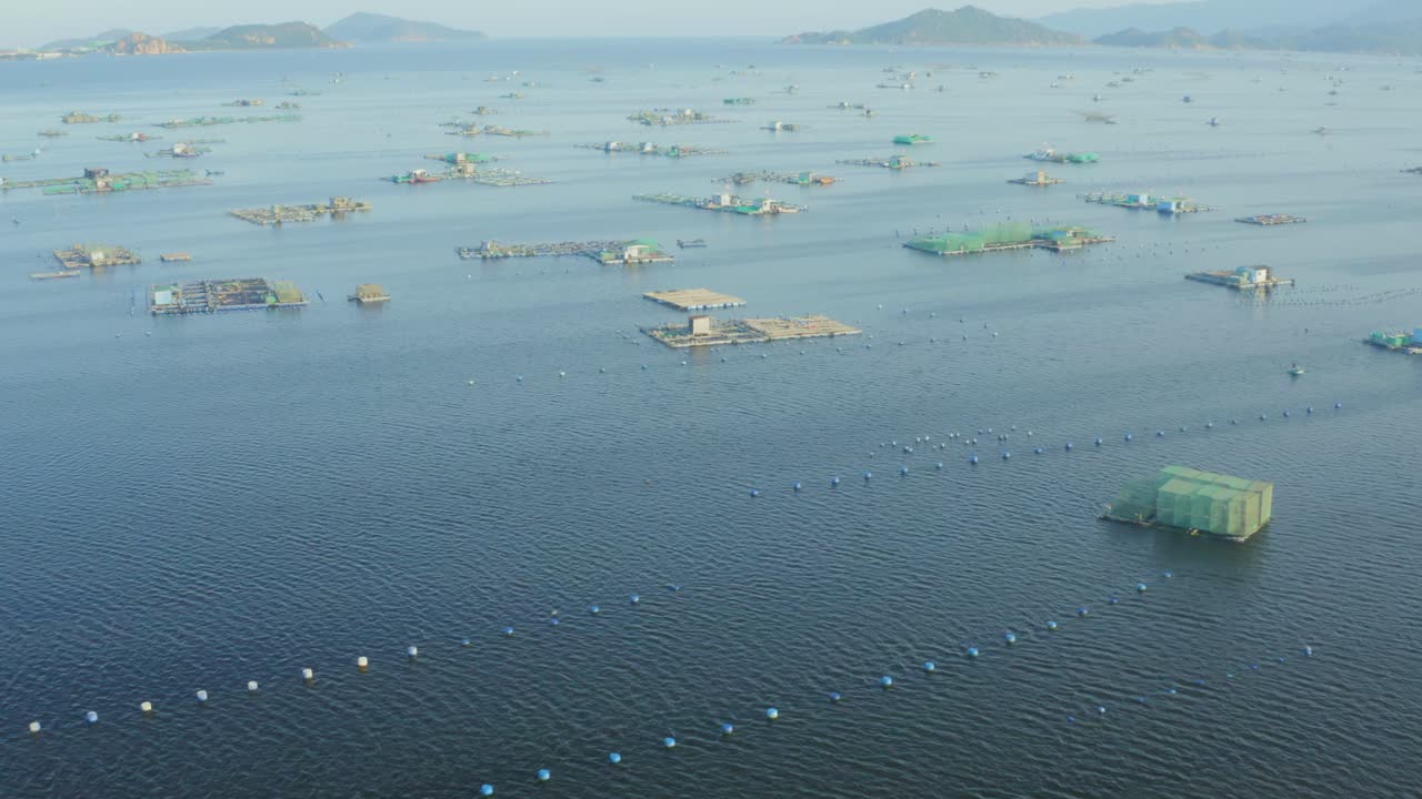 Drone view of thousand fish farms on Cam Ranh beach, Khanh Hoa province, central Vietnam