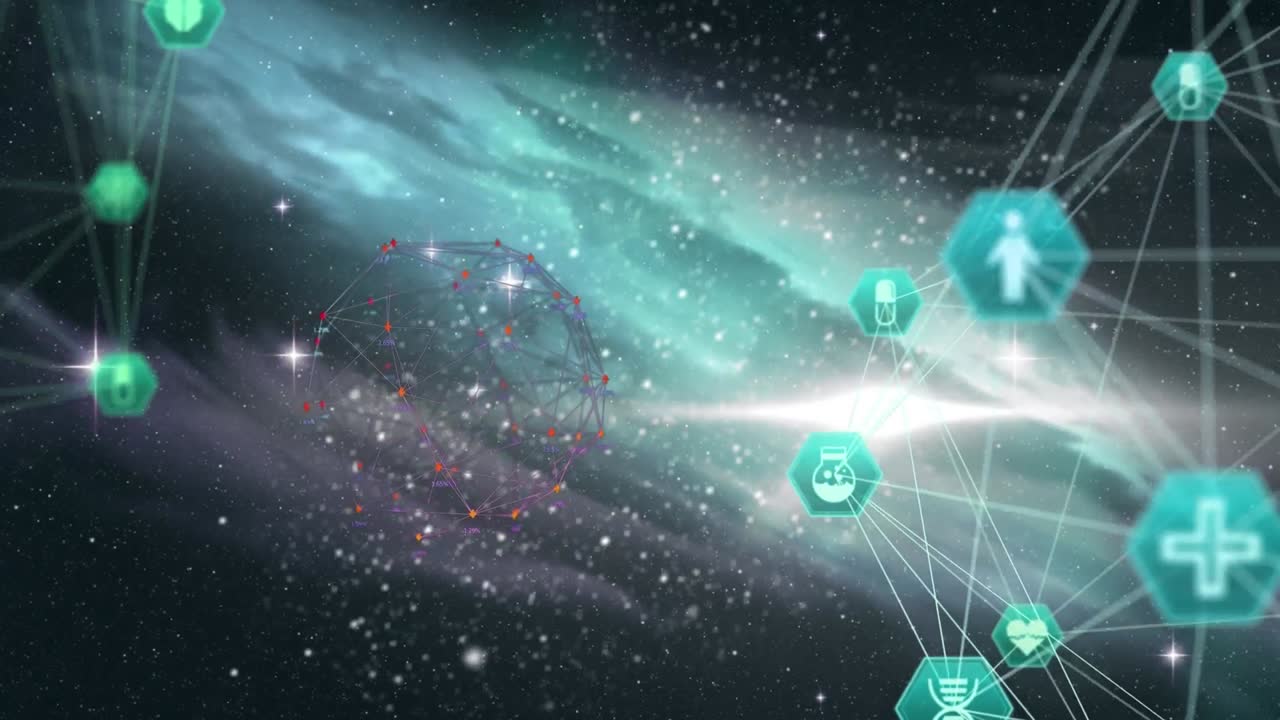 animación de la red de conexiones con iconos sobre el espacio