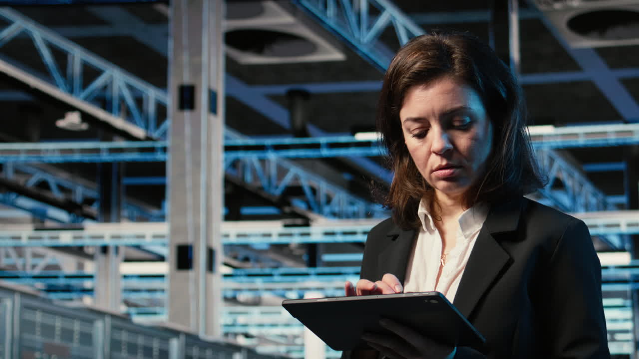Primo piano di un ingegnere di Data Center che ottimizza il bilanciamento del carico del server usando un tablet