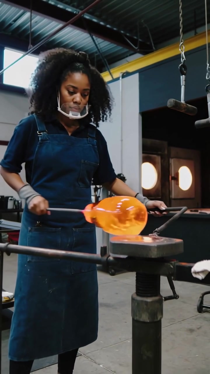 Video verticale: Una donna con grembiule di jeans modella una massa di vetro incandescente, ruotando un tubo su una lastra di marmo in un laboratorio per dargli forma.