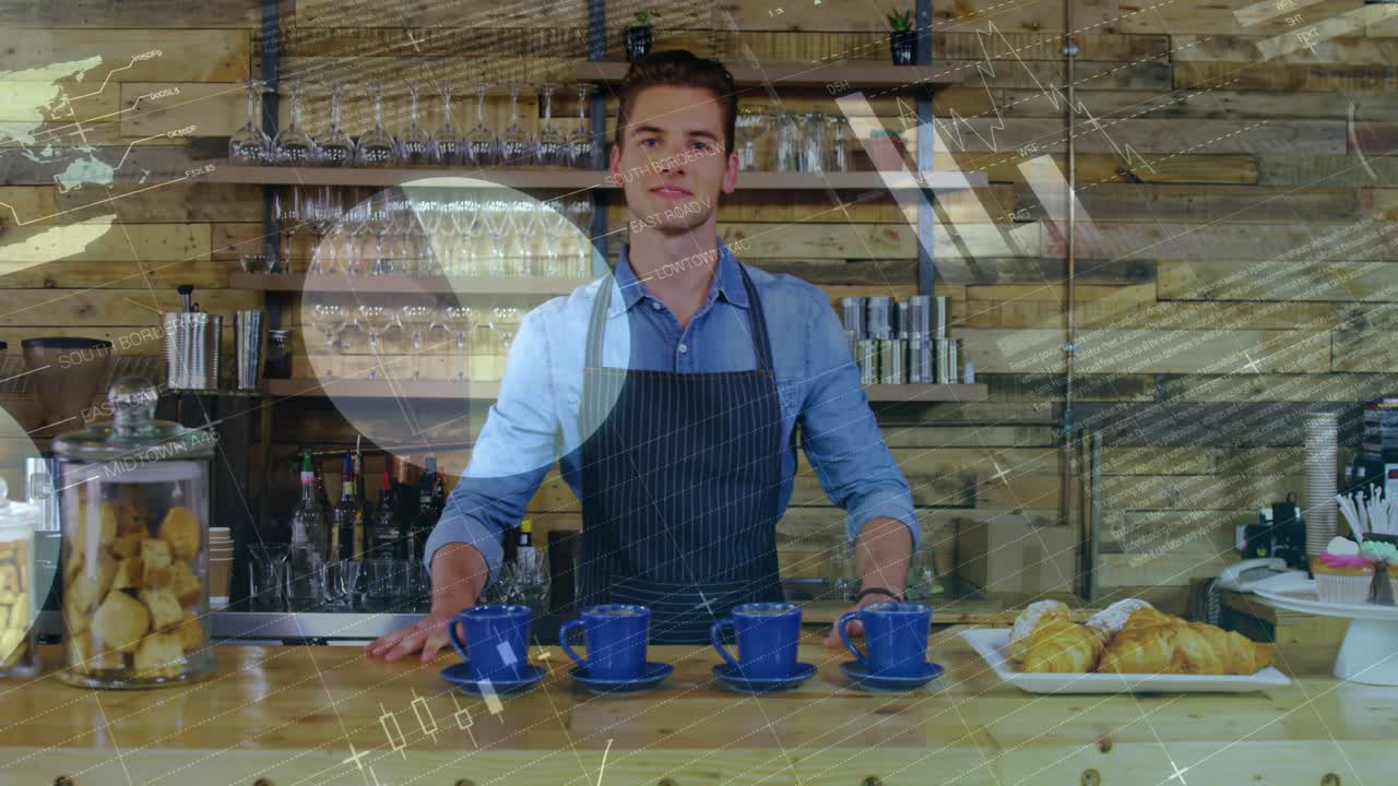 Barista che prende e posiziona una tazza blu sul piattino al bancone, regolando la distanza per un servizio caffè uniforme.