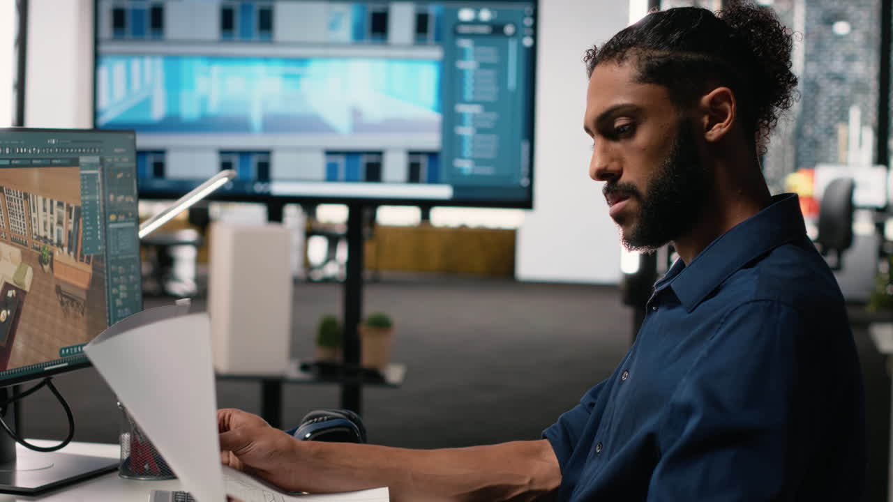 Vertical Video Middle eastern male developer creating property layout with furniture