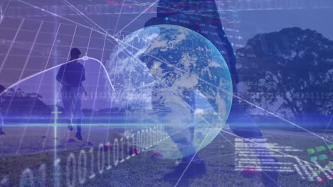 animación del procesamiento de datos y globo sobre diversos jugadores de rugby