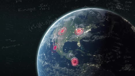 animation of financial data processing over globe on blue background