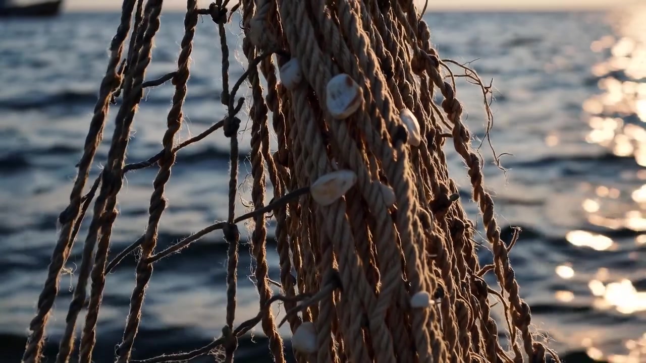 Primo piano di una rete da pesca e conchiglie con un tramonto dorato sull'oceano