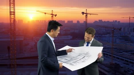 architects or engineers reviewing blueprints at a construction site during sunset
