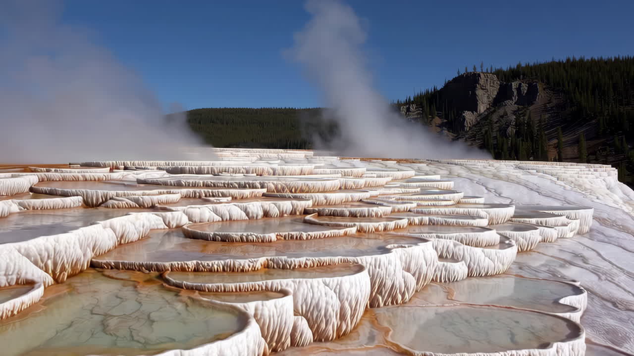 Steaming Travertine Terraces at Mammoth Hot Springs in Yellowstone National Park