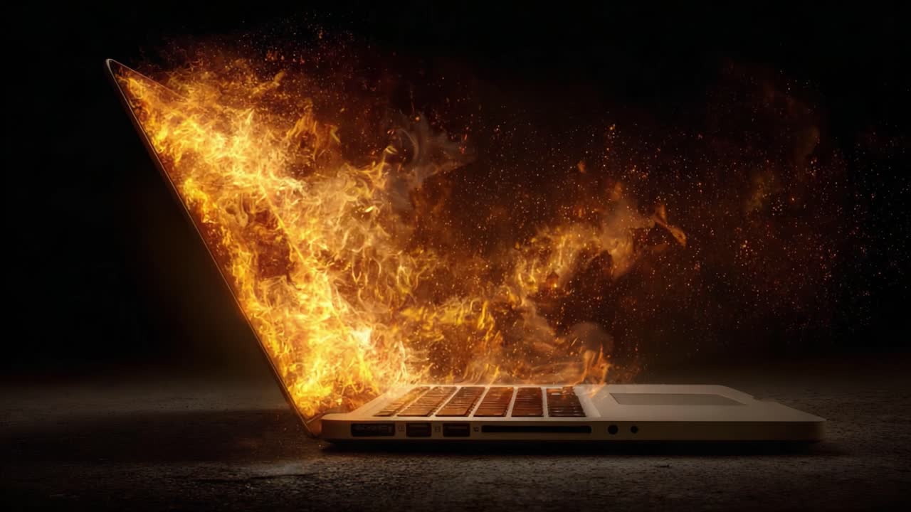 A Compelling Visual of a Laptop Erupting in Flames, Capturing the Intensity and Power of Fire as it Engulfs Digital Technology in a Dramatic Scene