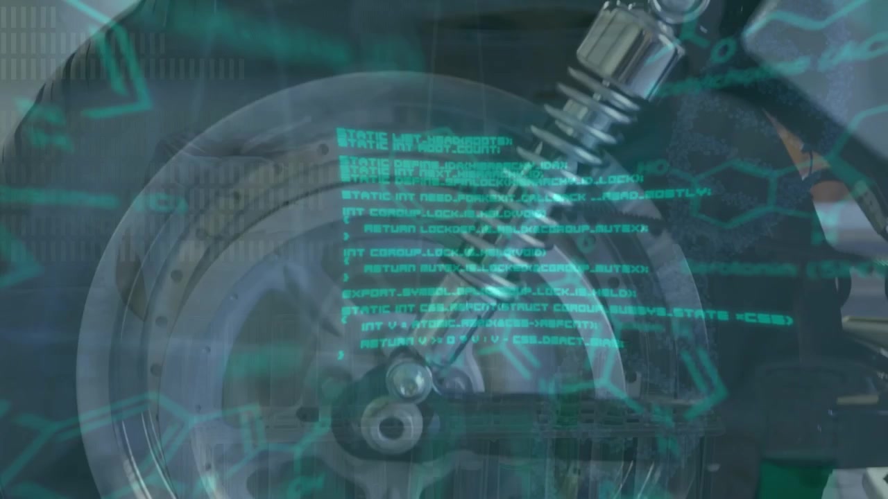 Animation of data processing and chemical formulas over motorbike wheel
