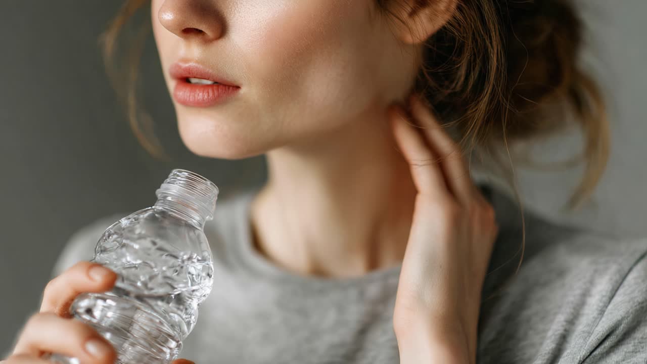 A Young Woman Hydrating with a Water Bottle, Capturing a Moment of Self-Care and Refreshment in a Softly Lit Environment