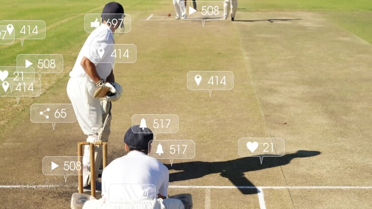 Giocatori di cricket in campo con animazione di coinvolgimento sui social media sovrapposta