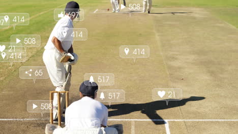 jugadores de cricket en el campo con animación de participación en las redes sociales superpuesta