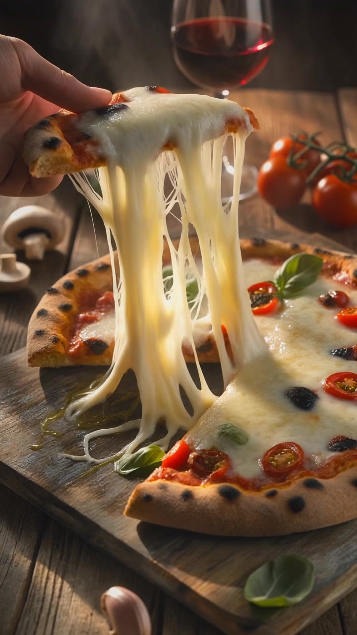 Mano che solleva una fetta di pizza fresca e calda con formaggio fuso