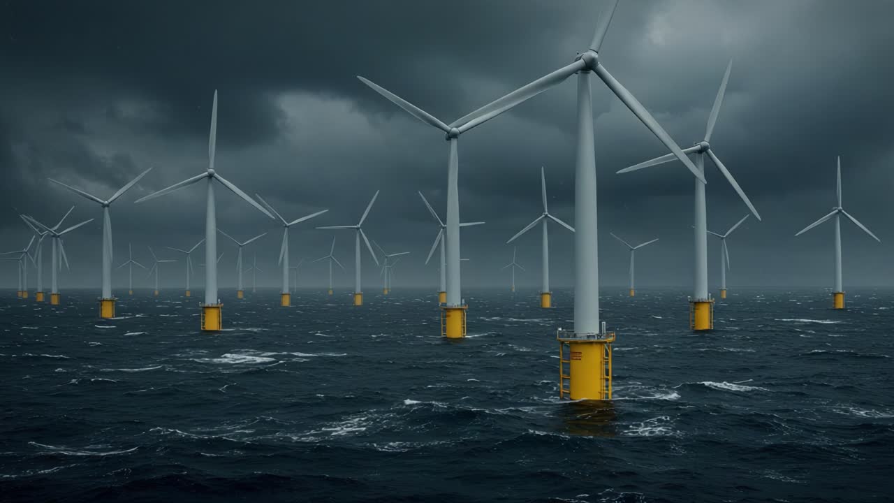 Dramatic Scene of Offshore Wind Turbines Towering Over Choppy Waters Beneath Ominous Clouds, Representing Renewable Energy and Sustainable Practices in a Powerfully Visual Context