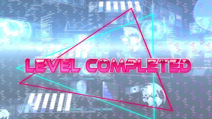 Animation of level completed in digital abstract space with diverse data