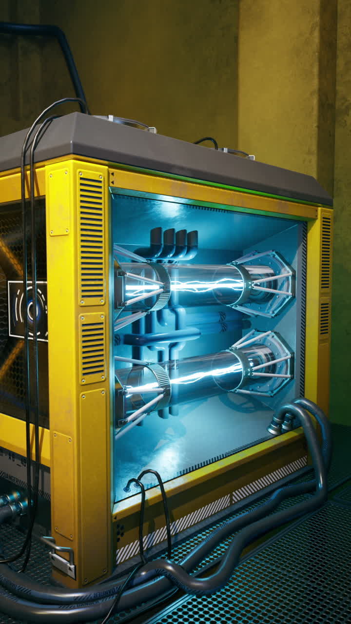 Futuristic storage unit with glowing components in an industrial setting