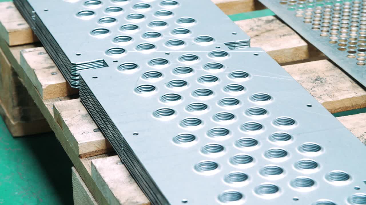 금속 가공 공장 의 완성 된 제품. 스 ⁇ 프 구 ⁇  이 있는 금속 판