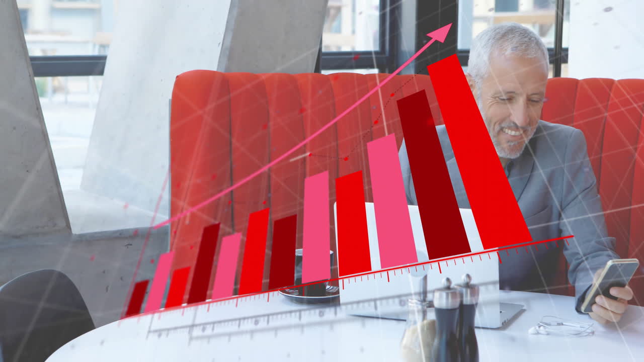 Animation of financial data processing over caucasian businessman using smartphone