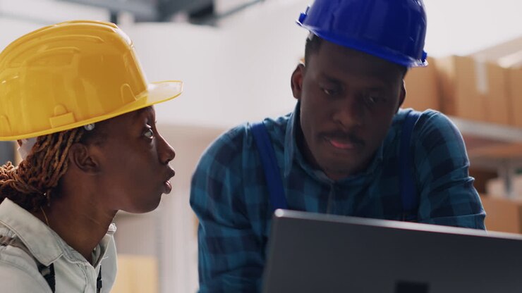 Warehouse workers discussing project on laptop