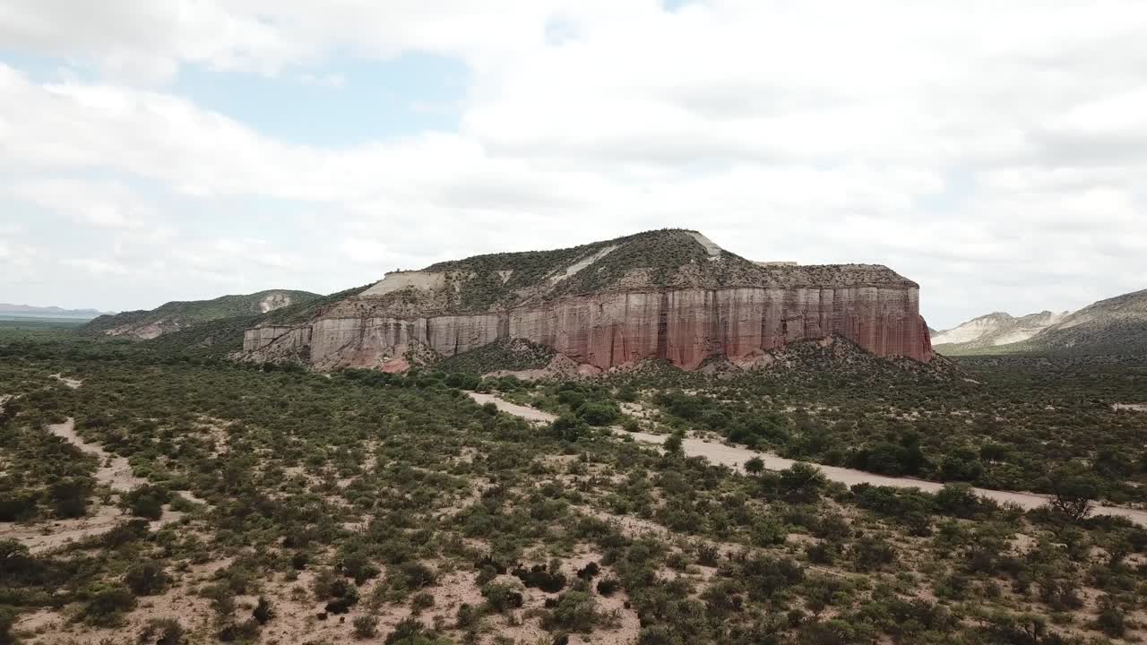 Talampaya Ecoregion National Park, Argentina. Drone Aerial View of Striped Sandstone Hill and Desert Landscape