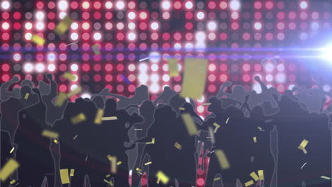 animación de confeti de oro sobre la multitud bailando con focos rojos y blancos