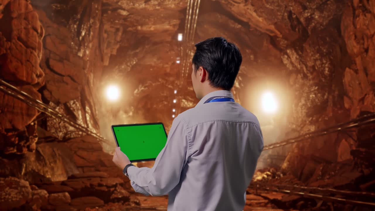 Back View Of An Asian Male Professional Worker Standing In Underground Mine Tunnel, Checking On Tablet With Green Screen And Look At The Factory Once