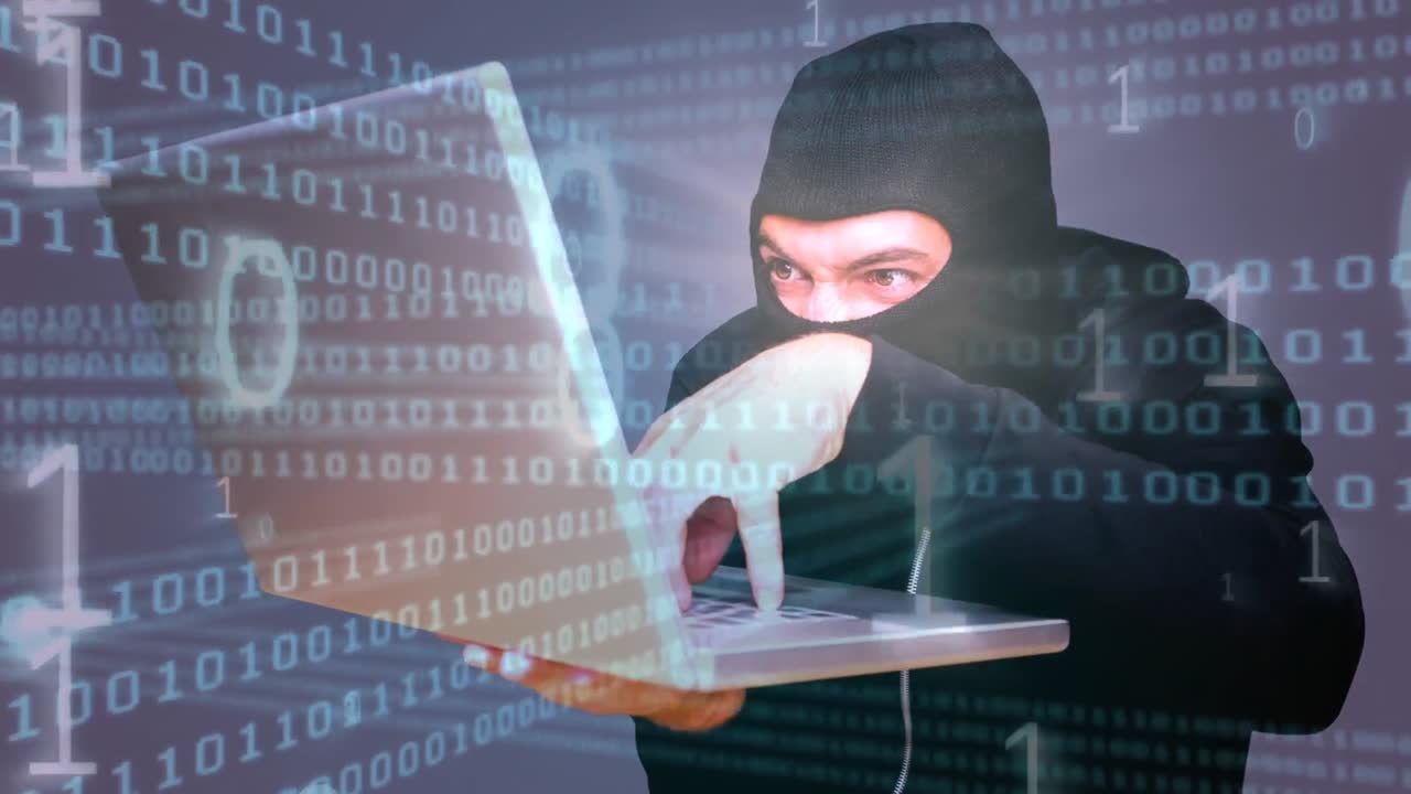 animación digital de un hacker hackeando la computadora portátil 4k