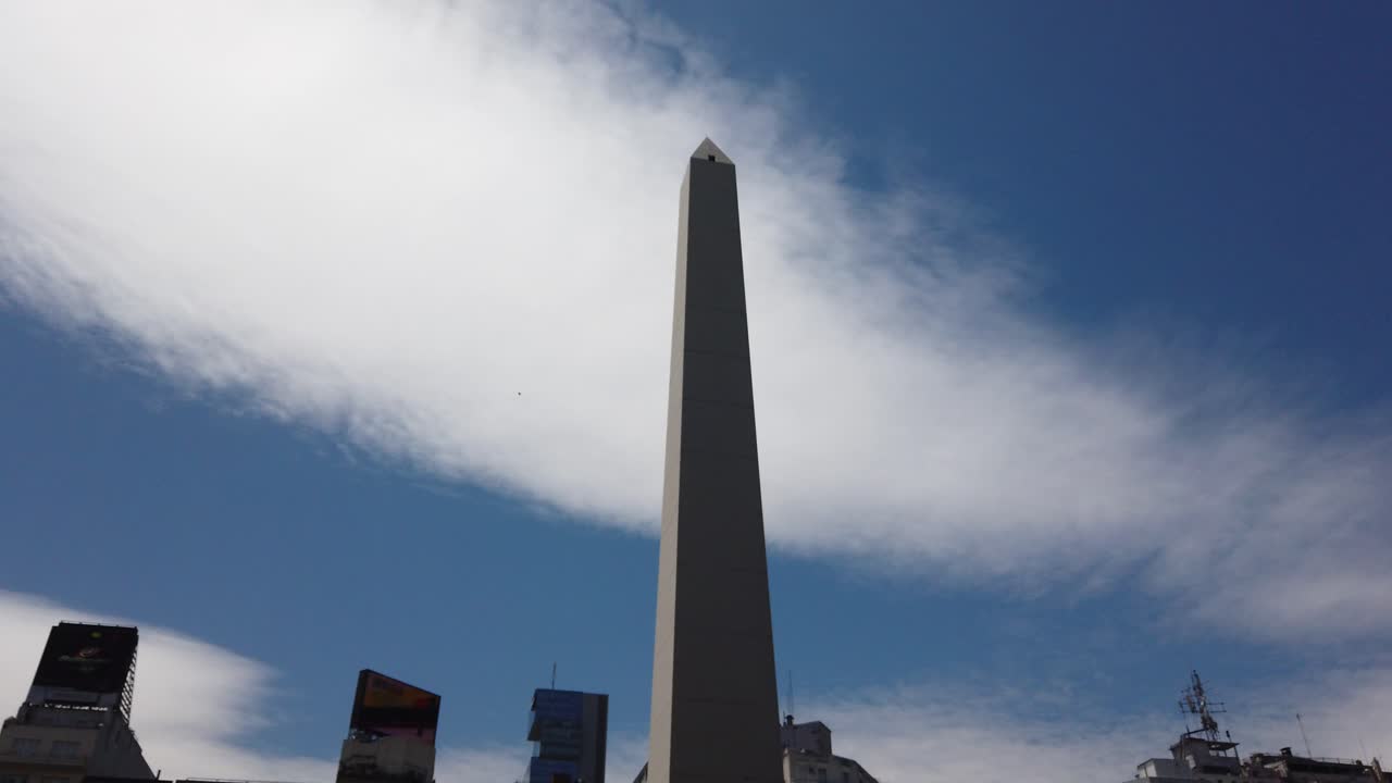 The obelisk of buenos aires city argentina, business center at sunny skyline with commercial billboards