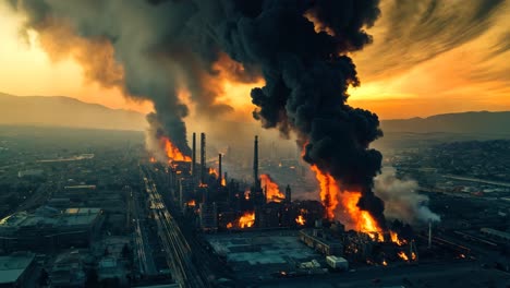 a large plume of black smoke billows out of an oil refinery at sunset