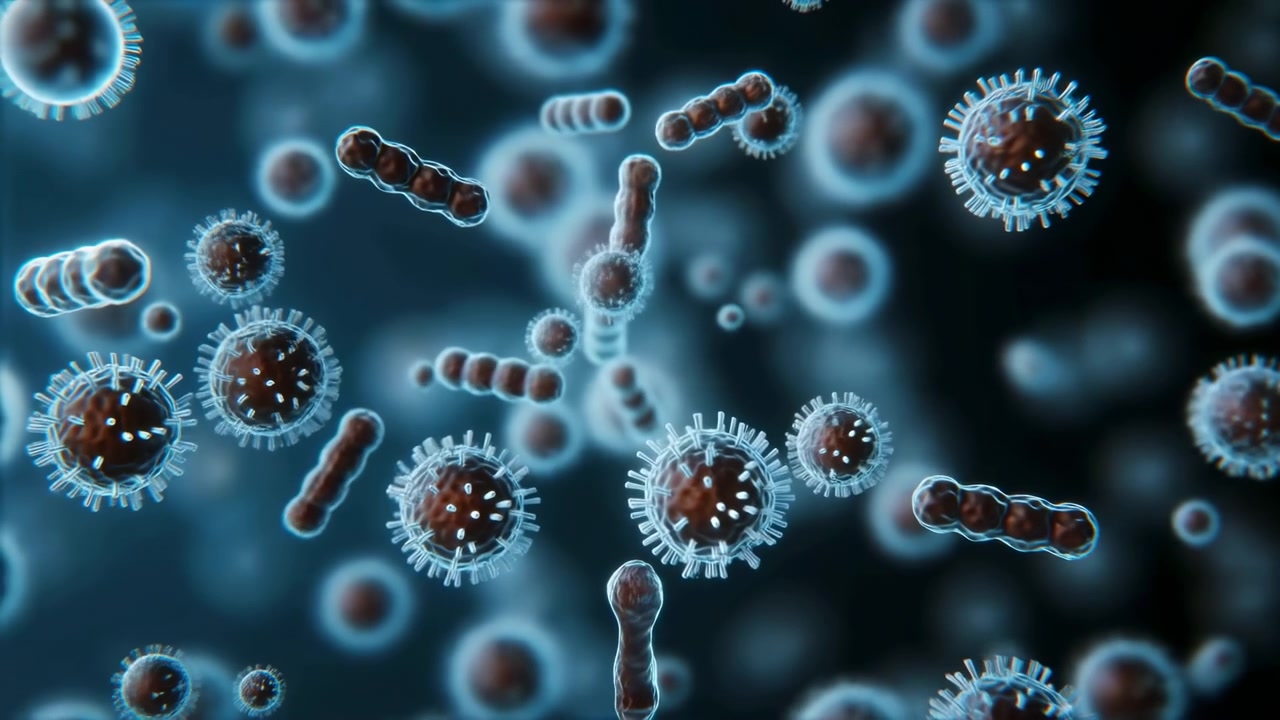 Denso campo de partículas esféricas y en forma de varilla de cadena corta, similares a virus, suspendidas en un fluido verde azulado oscuro, flotando suavemente en un primer plano extremo con poca profundidad de campo y luz de contorno luminosa.