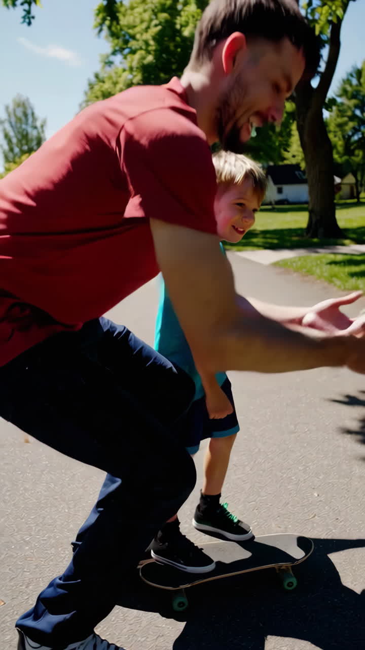 Father and Son Skateboarding in the Park
