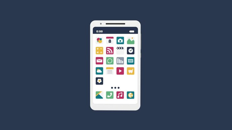 Realistic 3D white phone animation. App icons in screen. Animated background with textures and cold colors.