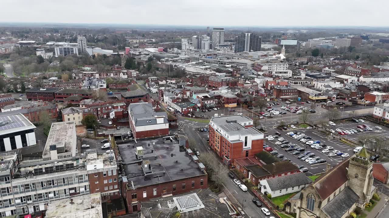 Basingstoke town centre England drone,aerial push in shot