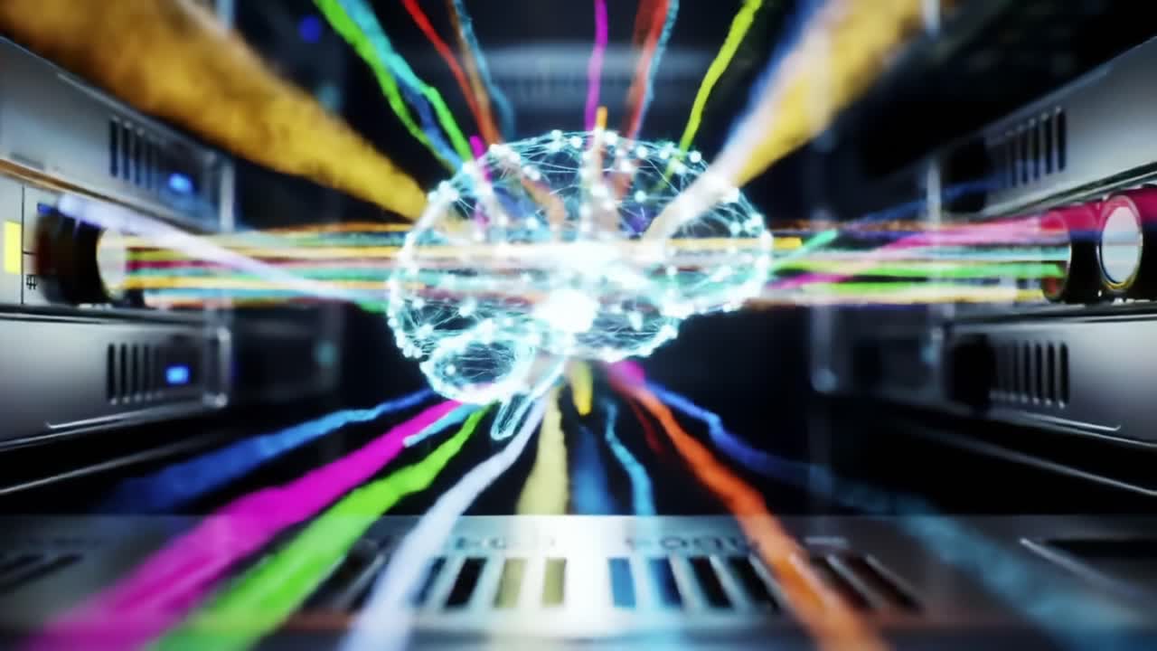 A Dynamic Visualization of Quantum Information Flow Between Servers, Highlighting the Connection Between Artificial Intelligence and Data Processing in a High-Tech Environment
