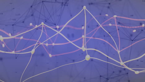 animación de cadenas de adn girando y red de conexiones en fondo púrpura