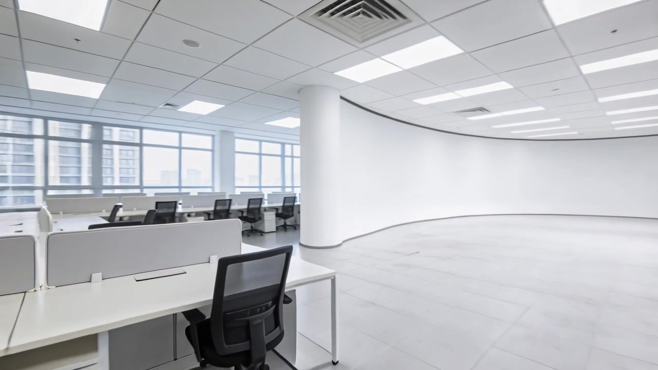 Panning camera revealing curved white concave feature wall to showcase open-plan office with desks