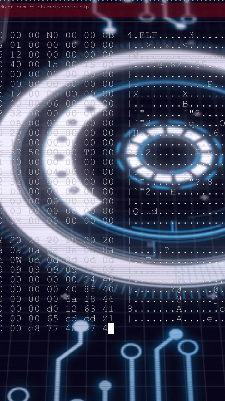 Video verticale: HUD concentrico che avvia il boot, anelli rotanti, esagoni che scorrono rivelando lo stato del sistema