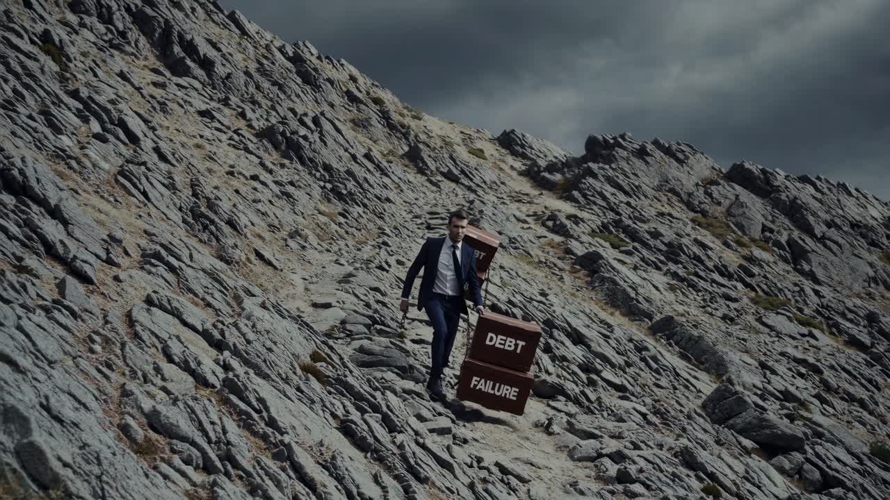 Businessman walking up a steep mountain path carrying two heavy boxes labeled with the words debt and failure, symbolizing the struggle and burden of financial hardship