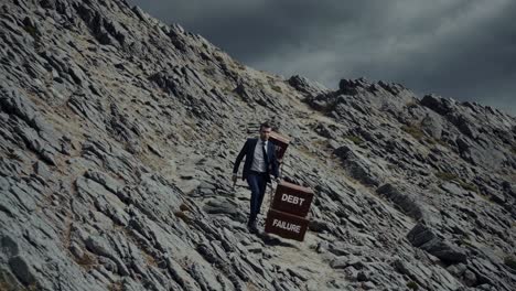 businessman walking up a steep mountain path carrying two heavy boxes labeled with the words debt and failure, symbolizing the struggle and burden of financial hardship
