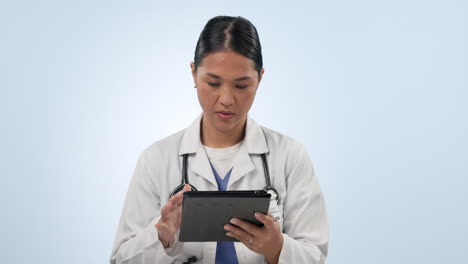 Frustrated-doctor,-tablet-and-woman-research