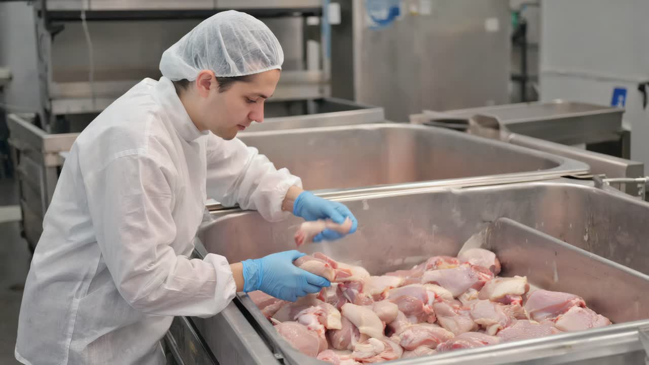 Food Processing Worker Handling Chicken