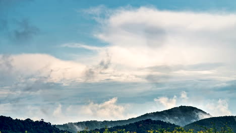 Timelapse-of-different-layers-of-clouds-moving-fast-and-slowly-above-european-wooded-hills-4K