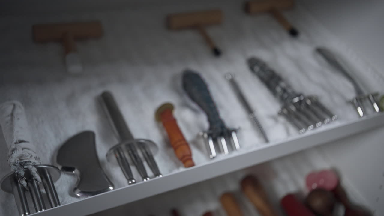 Gimbal shot of massage tools on a shelf
