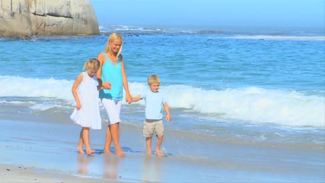 cute young family walking on the beach