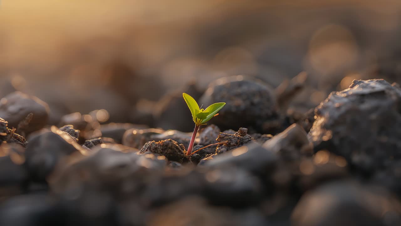Giovane piantina verde che spunta verso l'alto aprendo le foglie mentre il sole caldo alimenta la crescita tra le zolle di terra