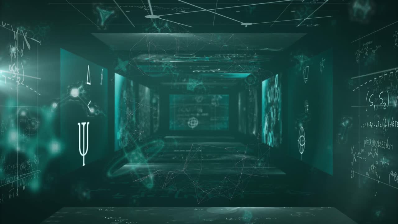 검은색 바탕에 수학적 방정식에 대한 분자의 애니메이션입니다.