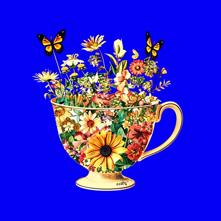Animated Butterflies Flying Around a Floral Teacup on Blue Background